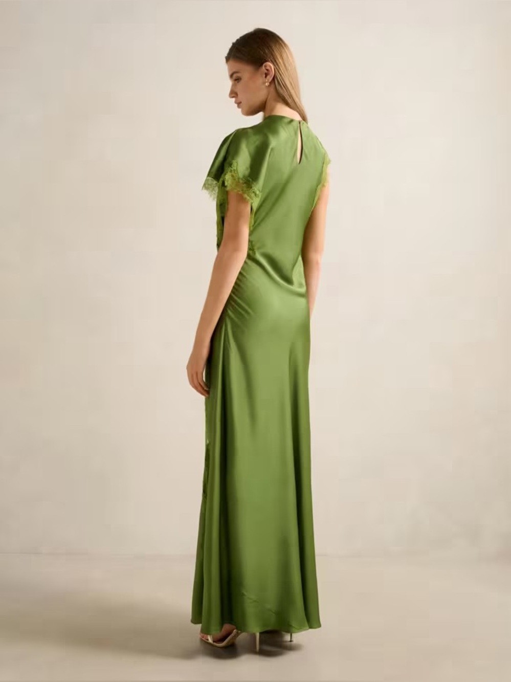 new Ever New Kody Satin Lace Asymmetric Dress maxi gown in olive green - Picture 2 of 12